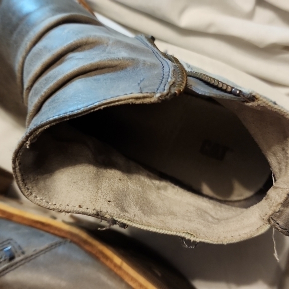 CAT Mixed Media Moto Ankle Boots Distressed Faux Leather Canvas Block Heel 8 - Picture 10 of 15